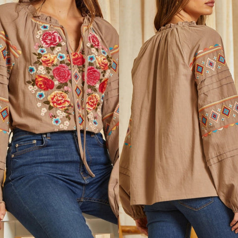 Floral/Aztec Embroidered Long Sleeve Top