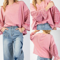 Mineral Washed Top With Bubble Laced Sleeves