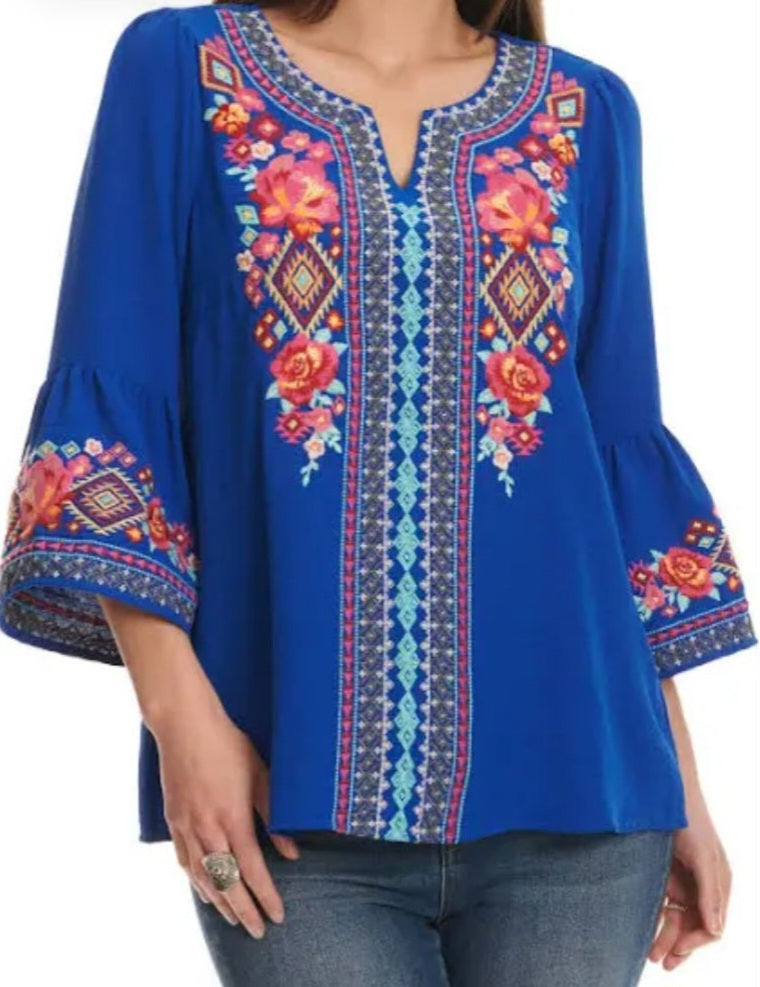 Floral Embroidered Top With Flared Sleeves