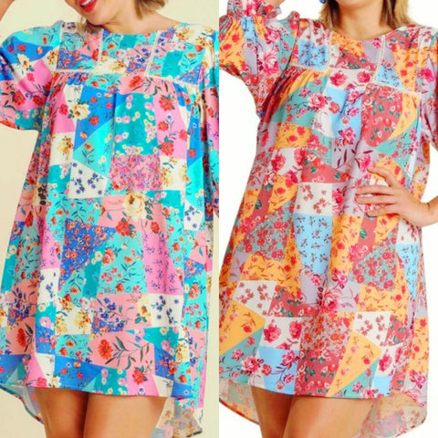 Mixed Floral Printed Dress With Ruffle Sleeves