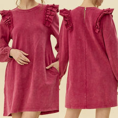 Solid Cotton Dress With Ruffle Sleeve/Pockets