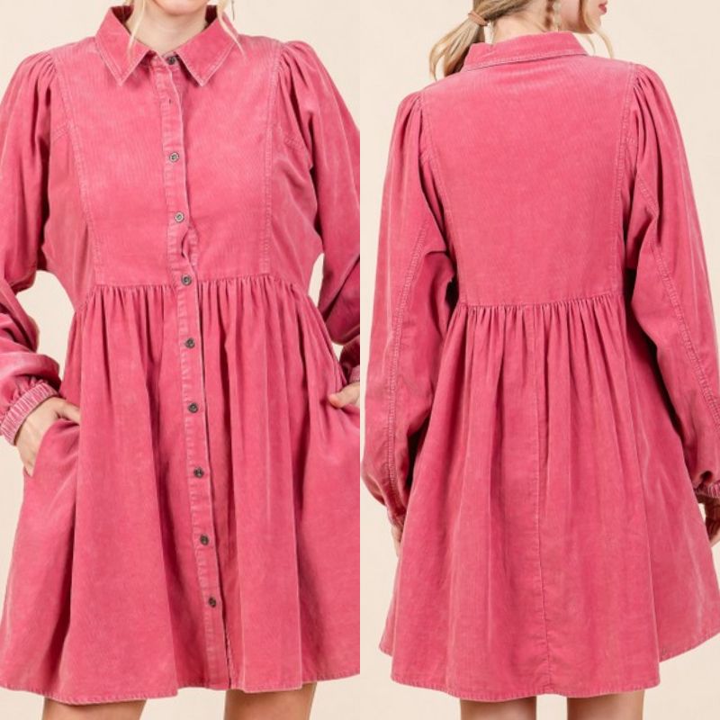 Washed Cotton Button Up Dress With Pockets