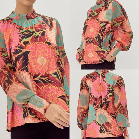 Floral Printed Top With Smocked Sleeves/Neck