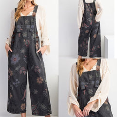 Floral Printed Washed Denim Overalls