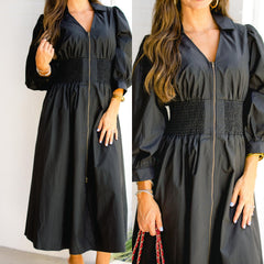 Solid Smocked/Zippered Dress