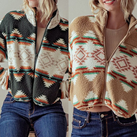 Aztec Printed Sherpa Cropped Jacket