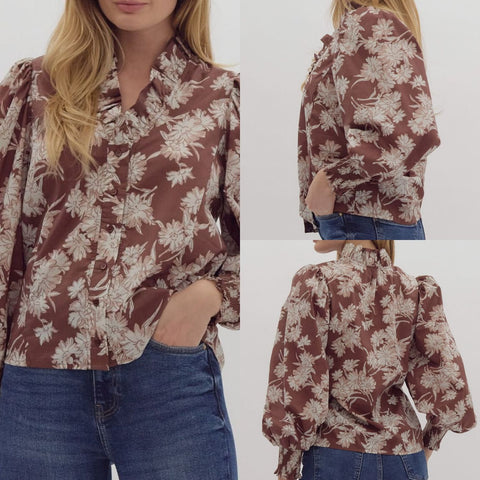 Floral Printed Button Down Top With Ruffled Neck