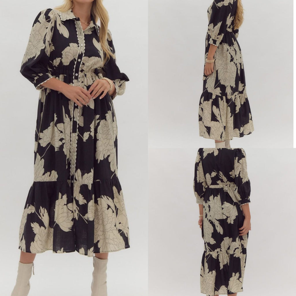 Floral Printed Collared Button Up Midi Dress