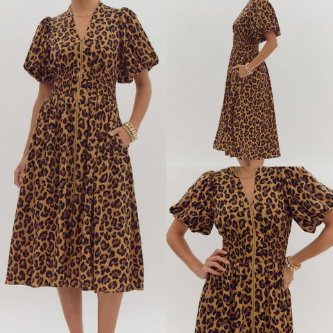 Leopard Printed V-Neck Midi Dress