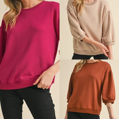 Solid 3/4 Peasant Sleeve Sweatshirt Top