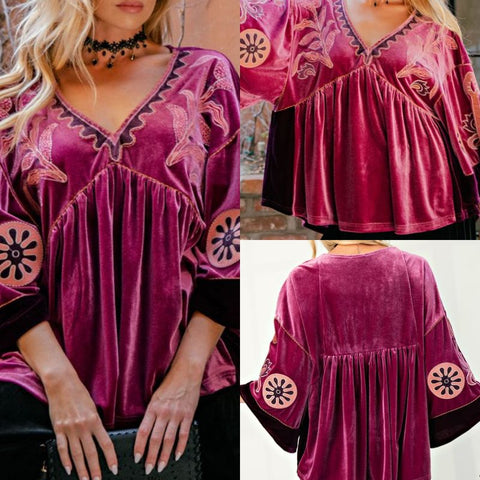 Embroidered Detailed Velvet Babydoll Tunic/Top