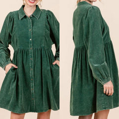 Washed Cotton Button Up Dress With Pockets