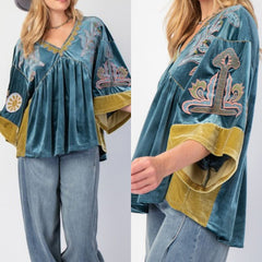 Embroidered Detailed Velvet Babydoll Tunic/Top