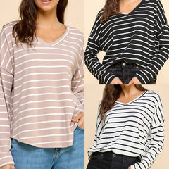 Striped V-Neck Long Sleeve Top