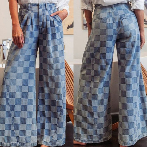 Washed Two Tone Checker Wide Pants