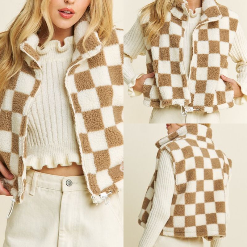 Checkered Crop Sherpa Vest