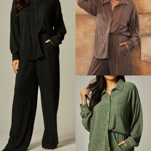 Crinkled Button Down Loungewear Set