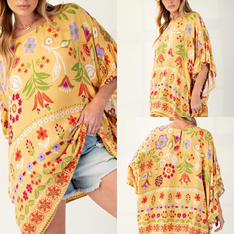 Printed Poncho Top With Ruffled Side