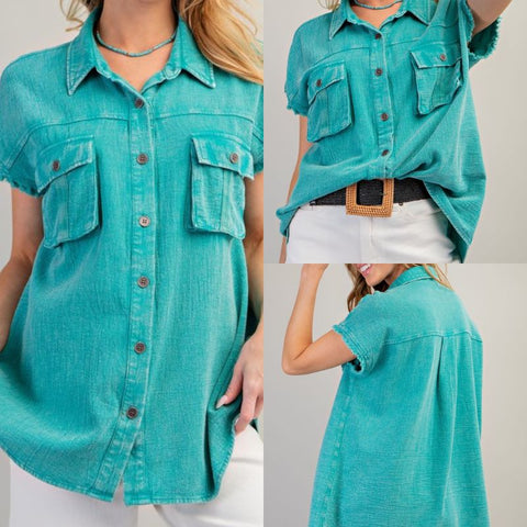 Mineral Washed Button Down Top