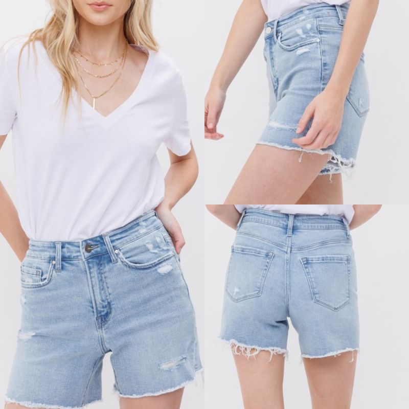 High Rise Midi Denim Shorts