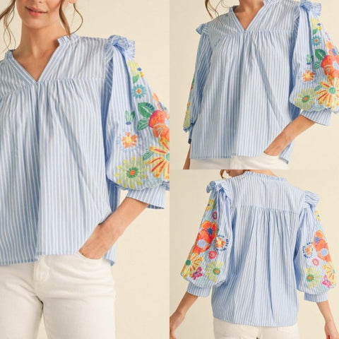 Striped Floral Embroidered 3/4 Top