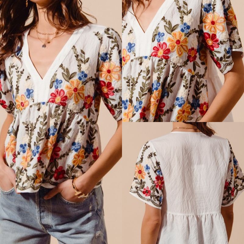 Floral Embroidered Babydoll Top