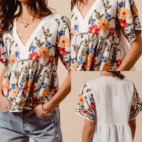 Floral Embroidered Babydoll Top