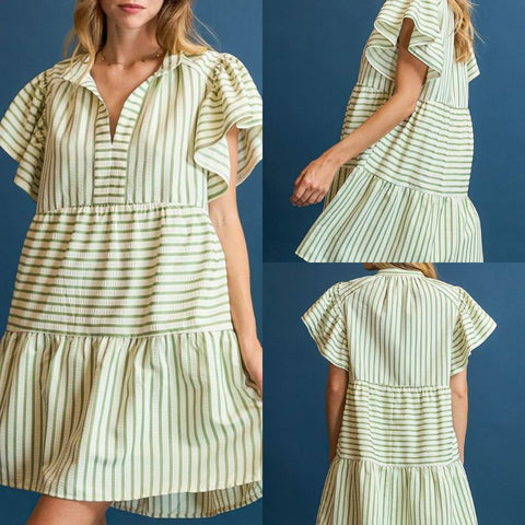 Striped Flutter Sleeve Babydoll Dress