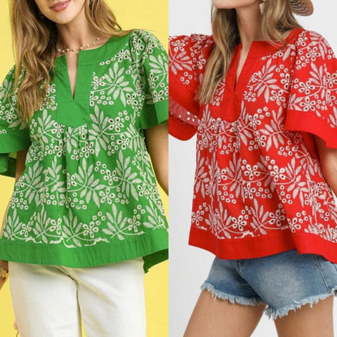 Floral Eyelet Split Neck Top