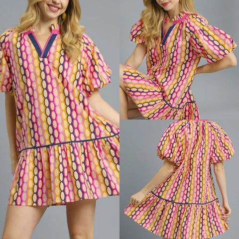 Retro Print Puff Sleeve Tiered Mini Dress