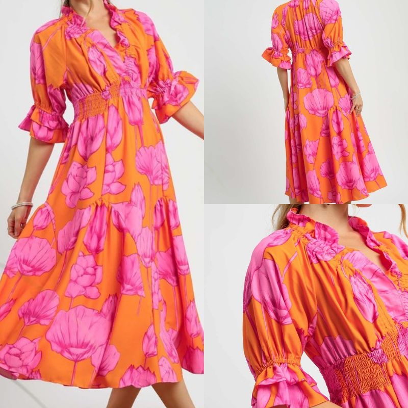 Bloom Ruffled V-Neck Puff Sleeve Midi Dress