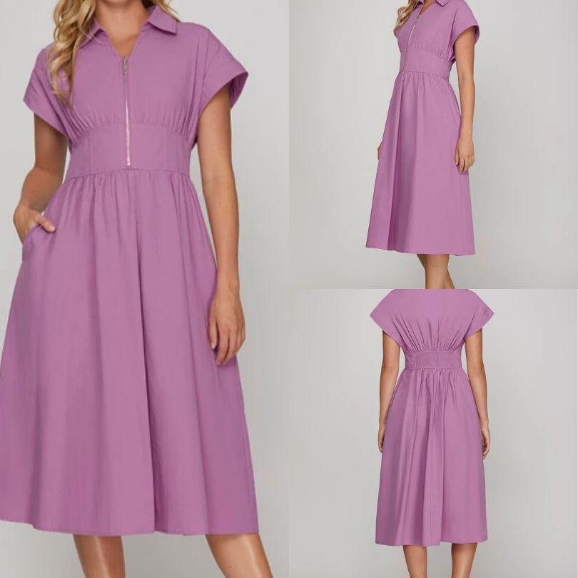 Woven Zip Up Dress With Smocking Detail/Side Pockets
