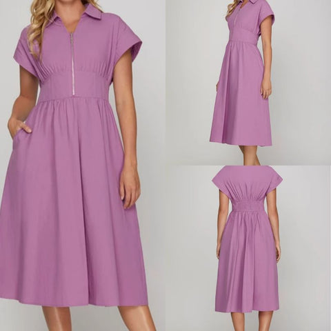 Woven Zip Up Dress With Smocking Detail/Side Pockets