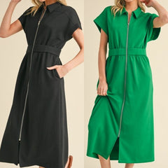 Front Zip Up Midi Dress