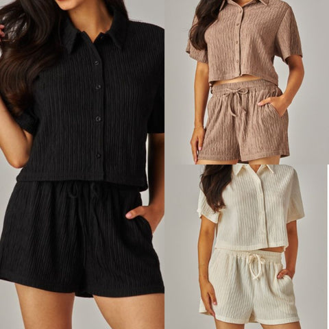 Crinkled Button Down Loungewear Set