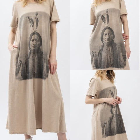 Indian Print Washed Short Sleeve Long Dress
