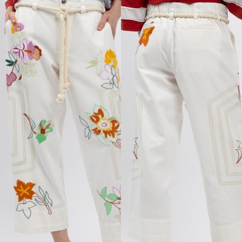 Embroidery Pants With Rope Belt