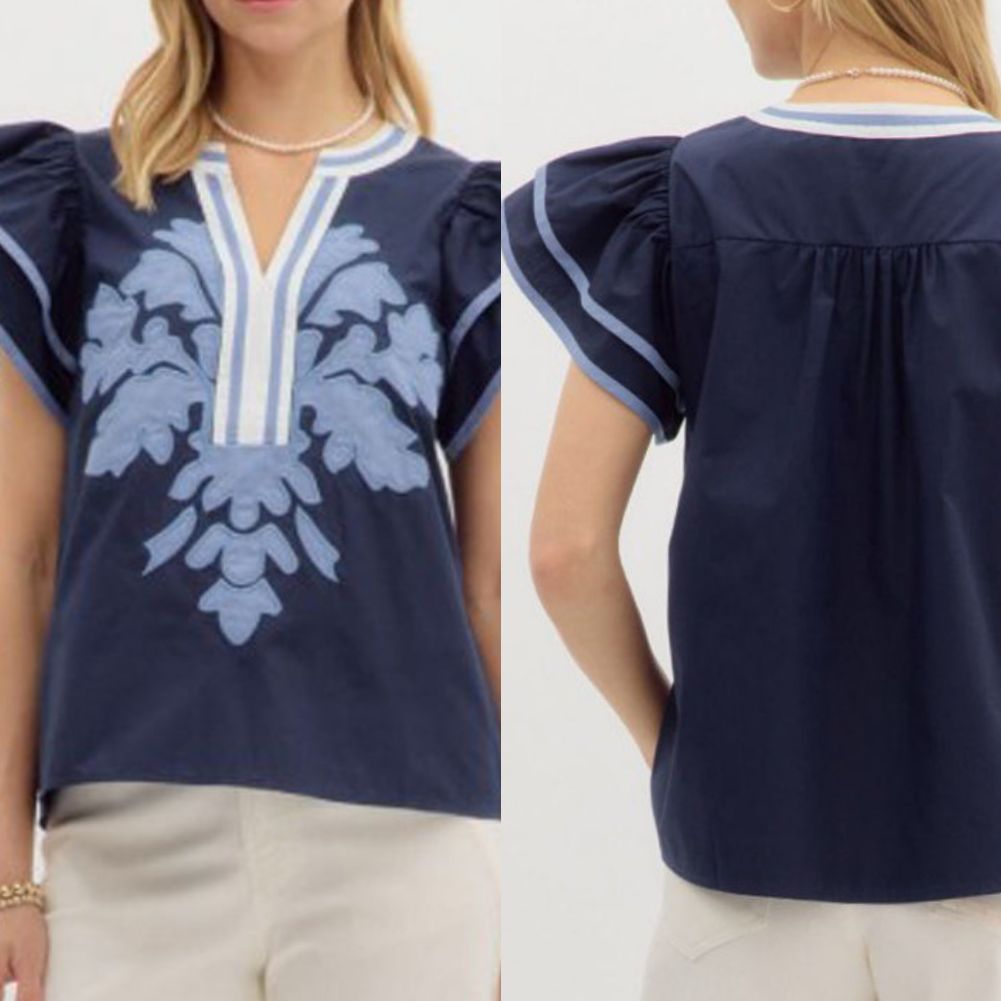 Embroidered Flutter Sleeve Top