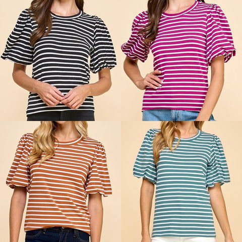 Stripe Top With Balloon Sleeves