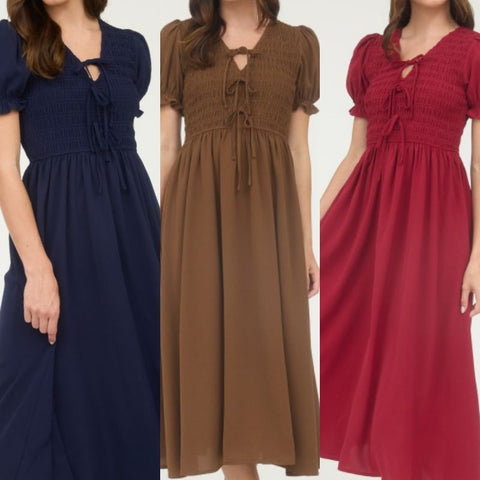 Front Tie Smocked Puff Sleeve Midi Dress