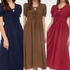 Front Tie Smocked Puff Sleeve Midi Dress