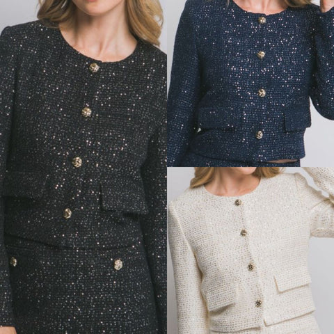 Round Neck Sequin Tweed Jacket