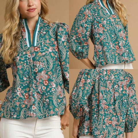 Floral Split Neck Puff Sleeve Top