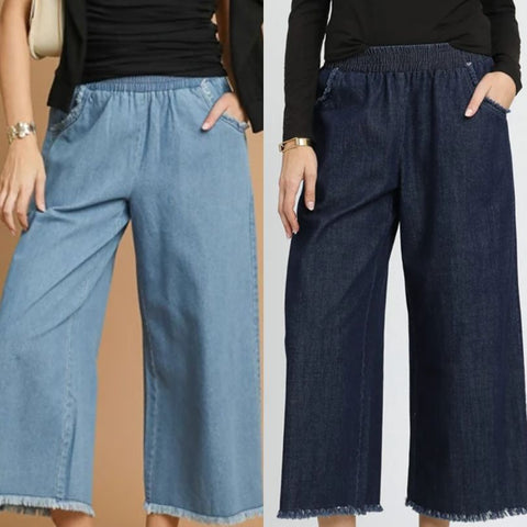 Washed Denim Pants with Fringe Hem