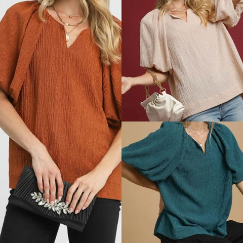 Textured Flutter Sleeve Notch Neck Top