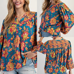 Bubble Sleeve Border Printed Challis Top