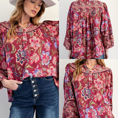 Bubble Sleeve Border Printed Challis Top