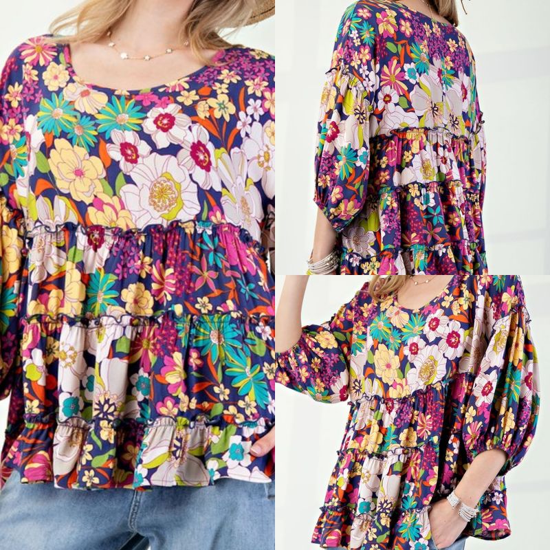 Floral Printed Challis Ruffled Babydoll Top