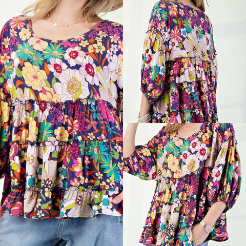 Floral Printed Challis Ruffled Babydoll Top