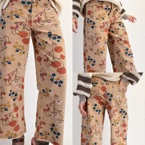 Floral Printed Washed Stretch Twill Pants